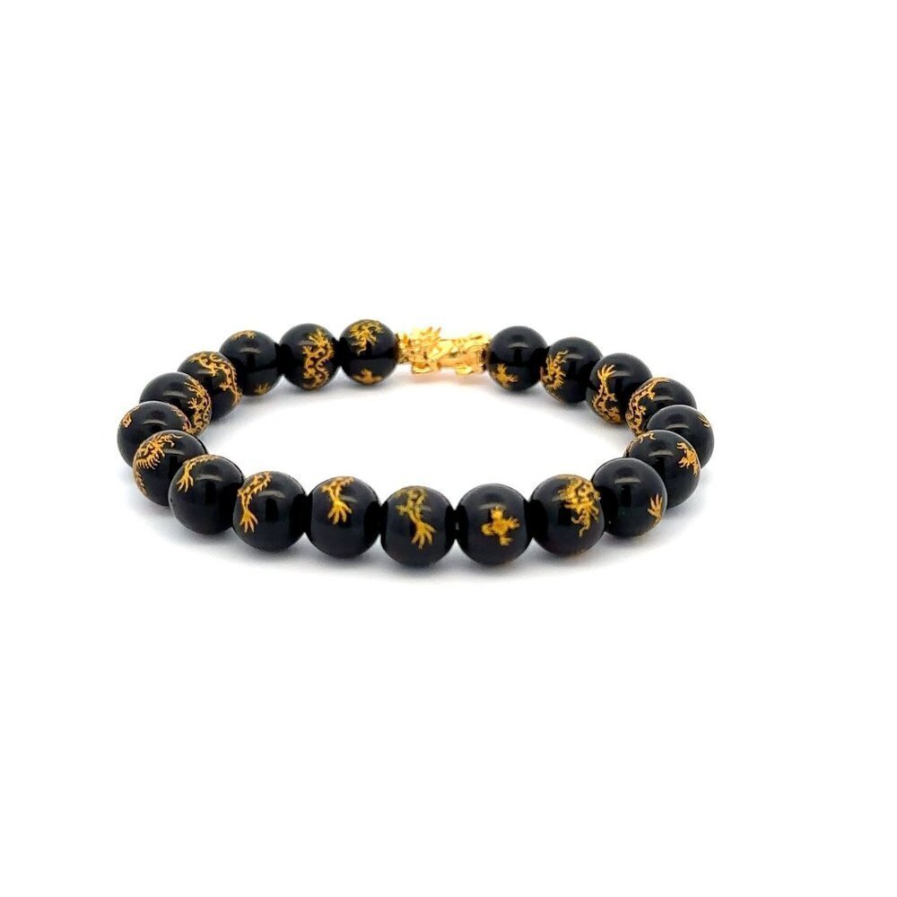 18K Gold Dragon Pixiu Piyao Lucky Charm Bracelet Gemstones Black Agate Dragon 7. - Picture 4 of 4